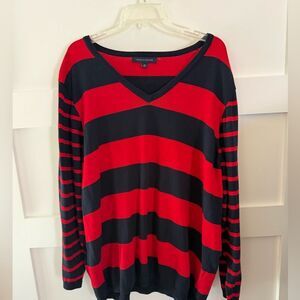 Tommy Hilfiger Red and Navy Striped V-Neck comfy Sweater Sie 2x